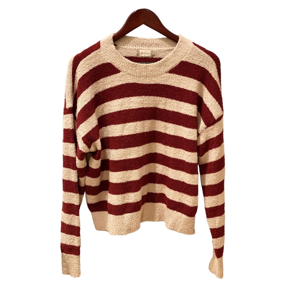 Altar’d State Red Taupe Tan Striped Fuzzy Sweater Soft M Retro Preppy Oversized